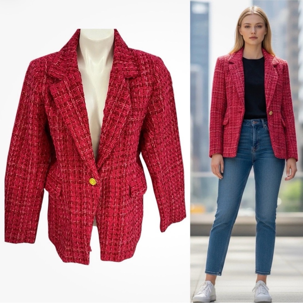 *Ellen Tracy* Blazer Sz Large Classic Pink/Red Tweed Jacket